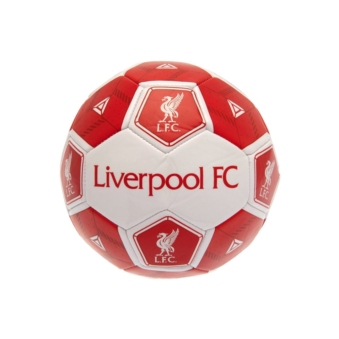 Red and white soccer ball with Liverpool FC logo on a white background