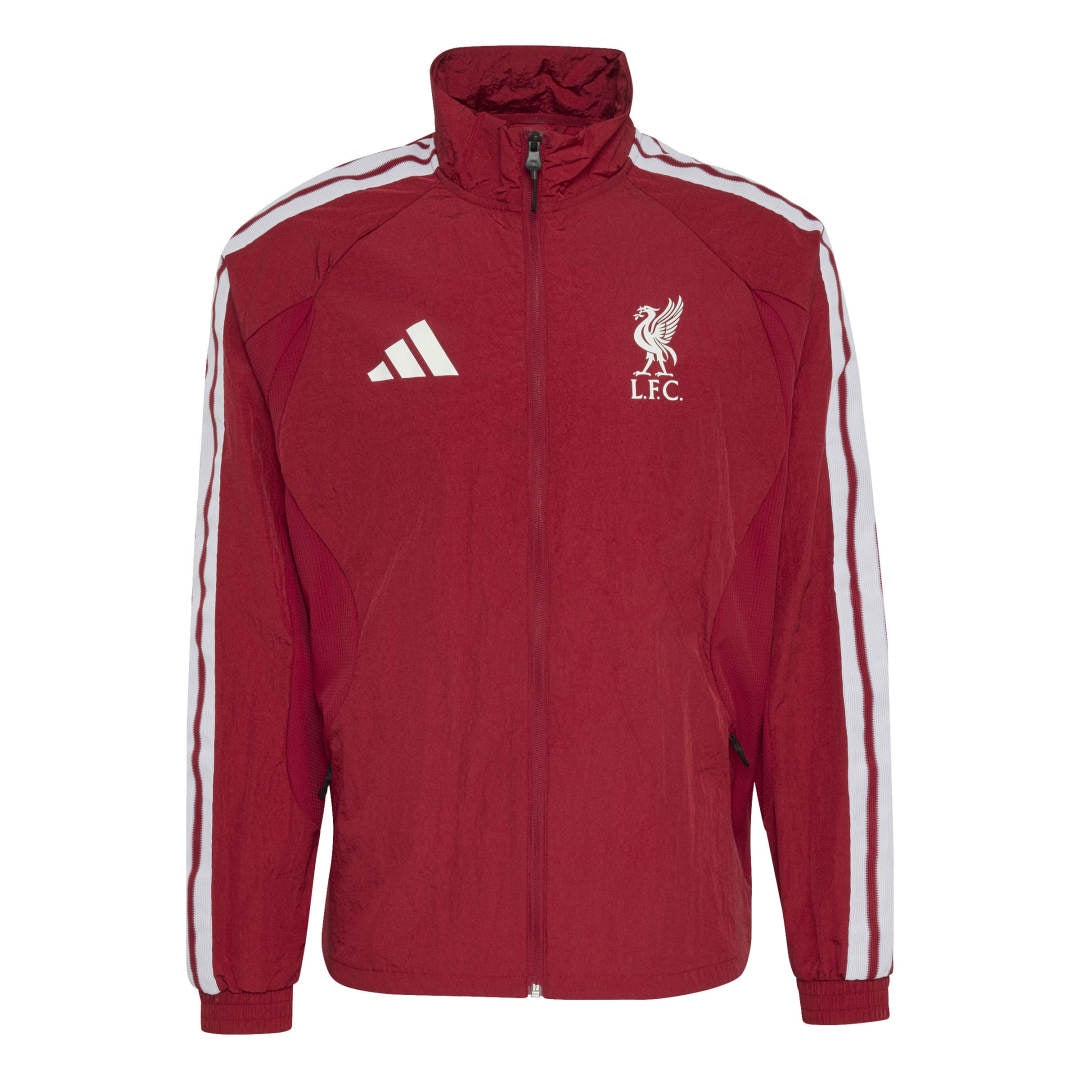 Red jacket with Adidas and Liverpool FC logos on a white background