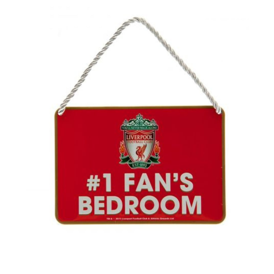 Red sign with Liverpool FC logo and text '#1 Fan's Bedroom' on a white background
