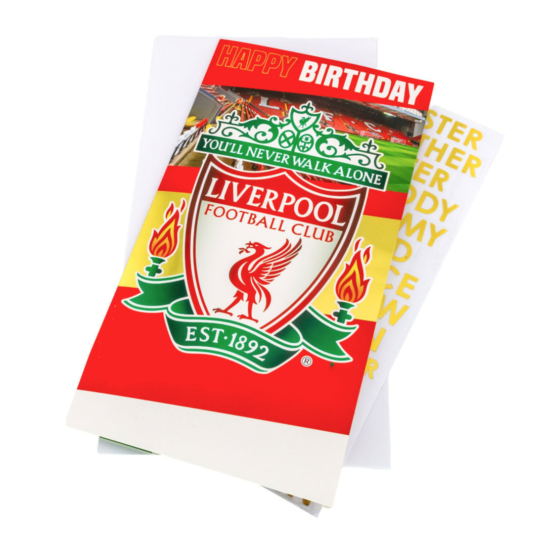 A Arsenal-themed birthday card with a stadium photo and red 'HAPPY BIRTHDAY' text, shown with gold foil letter stickers on a white background.