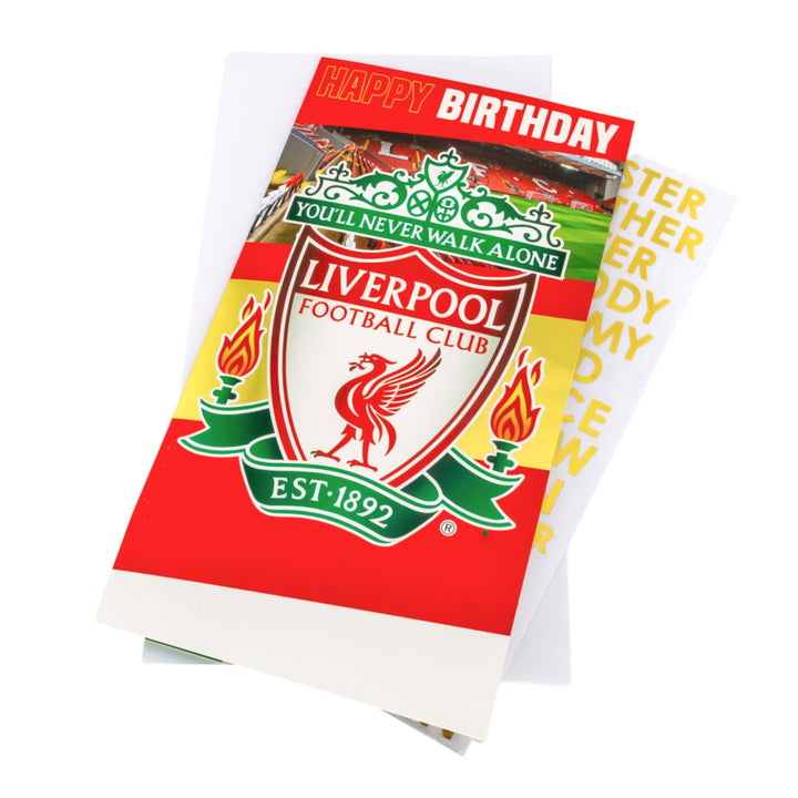 A Arsenal-themed birthday card with a stadium photo and red 'HAPPY BIRTHDAY' text, shown with gold foil letter stickers on a white background.