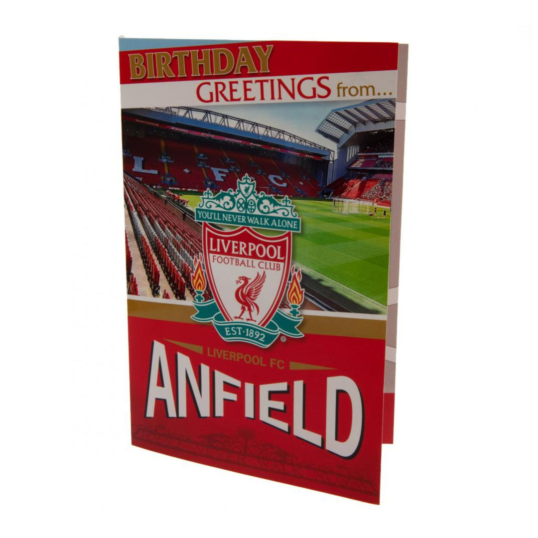 A Liverpool Football Club birthday greeting card featuring the Anfield stadium scene, the Liverpool FC crest, and the text 'BIRTHDAY GREETINGS from.