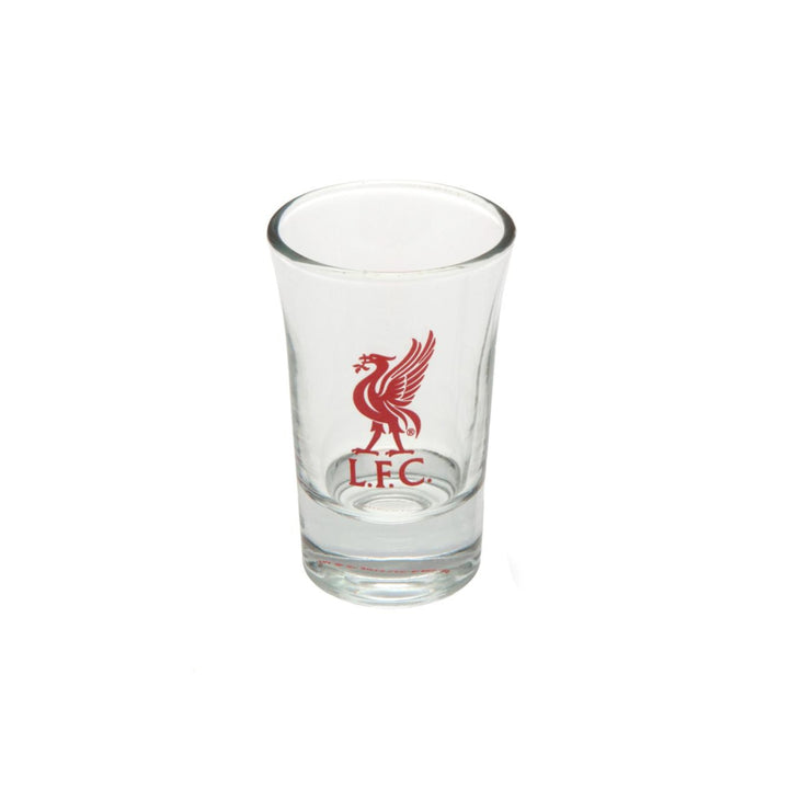 A clear glass shot glass featuring the red Liverpool F.C.