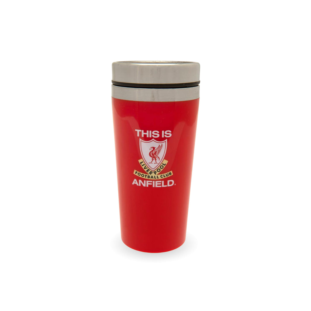 A red insulated travel tumbler with a silver lid, featuring the Liverpool Football Club crest and 'THIS IS ANFIELD' printed on the front, set against a plain white background.
