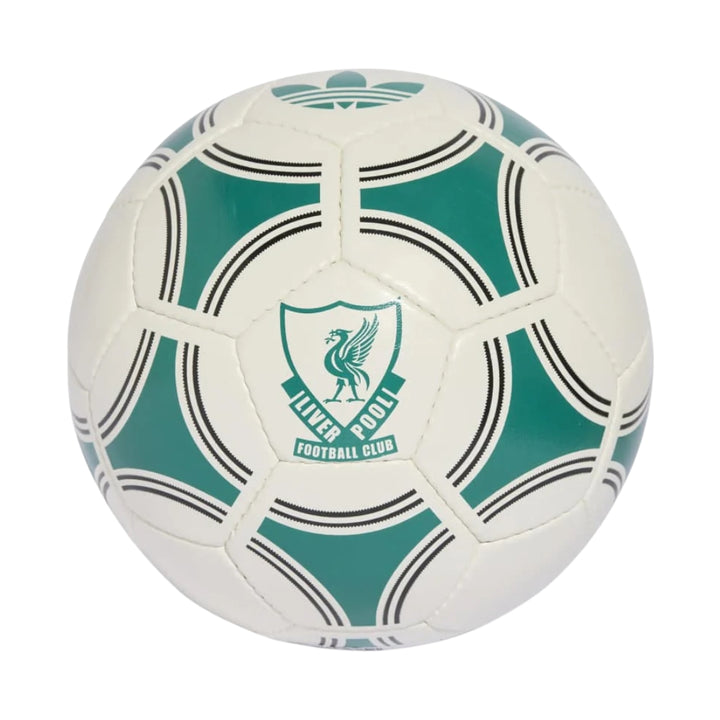 White and green soccer ball with Liverpool Football Club logo on a white background