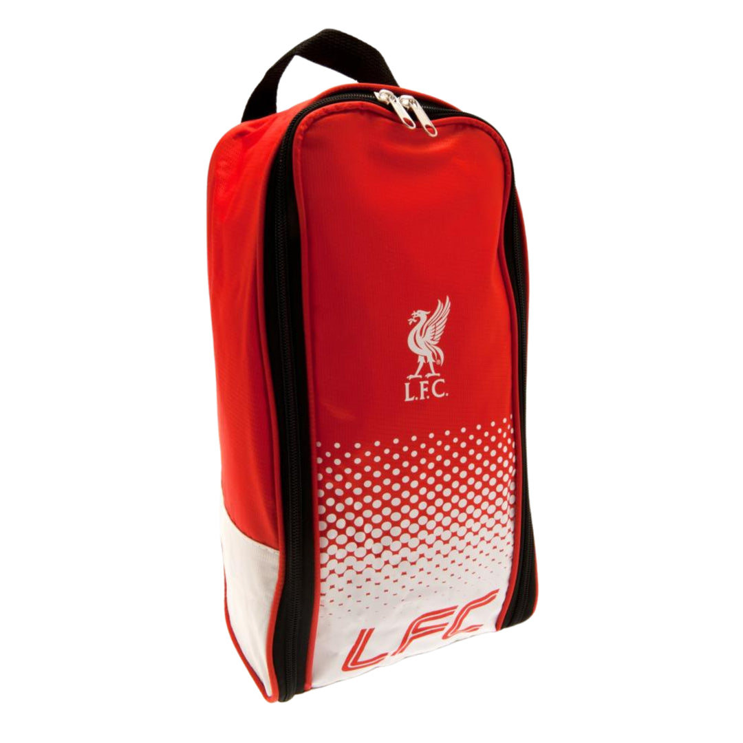 A red and white Liverpool Football Club boot bag with black trim, featuring the white LFC crest and 'LFC' text on the front, set against a plain white background.