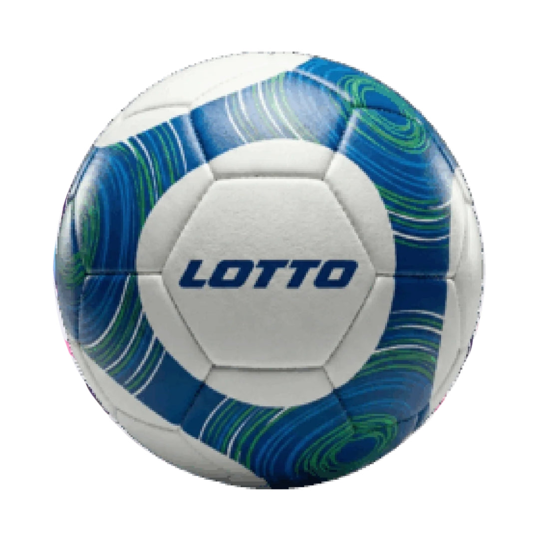 Soccer ball with blue and green pattern on a white background