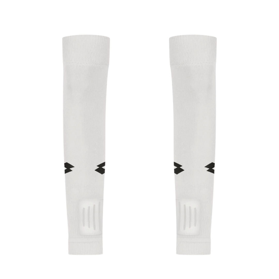 Pair of white arm sleeves with a logo on a white background