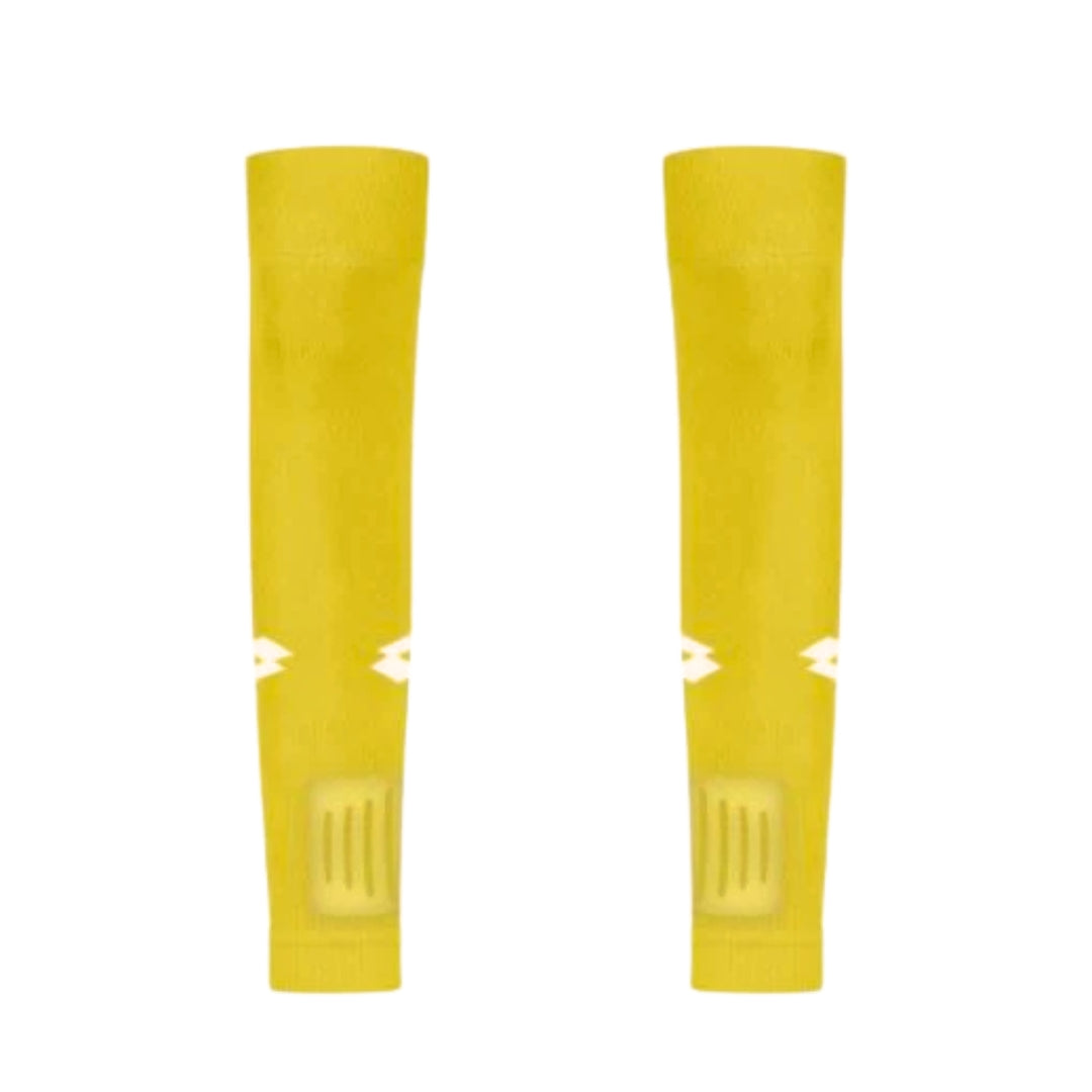 Pair of yellow arm sleeves with a brand logo on a white background