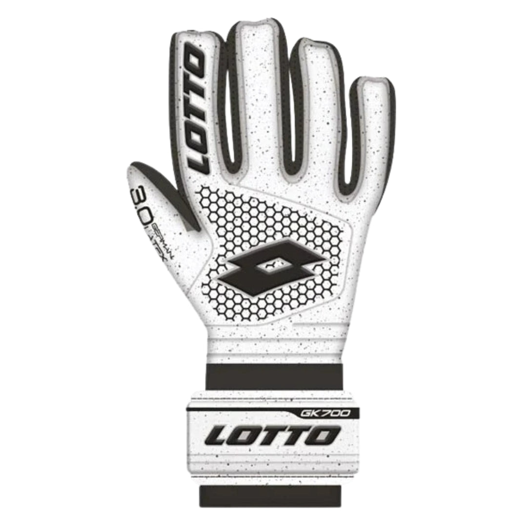White and black soccer goalkeeper glove with Lotto branding on a white background