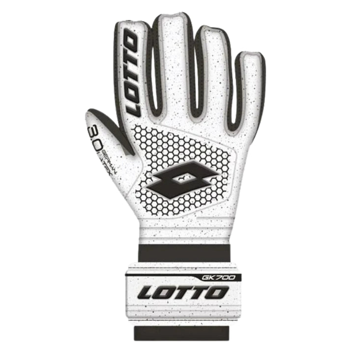 White and black soccer goalkeeper glove with Lotto branding on a white background