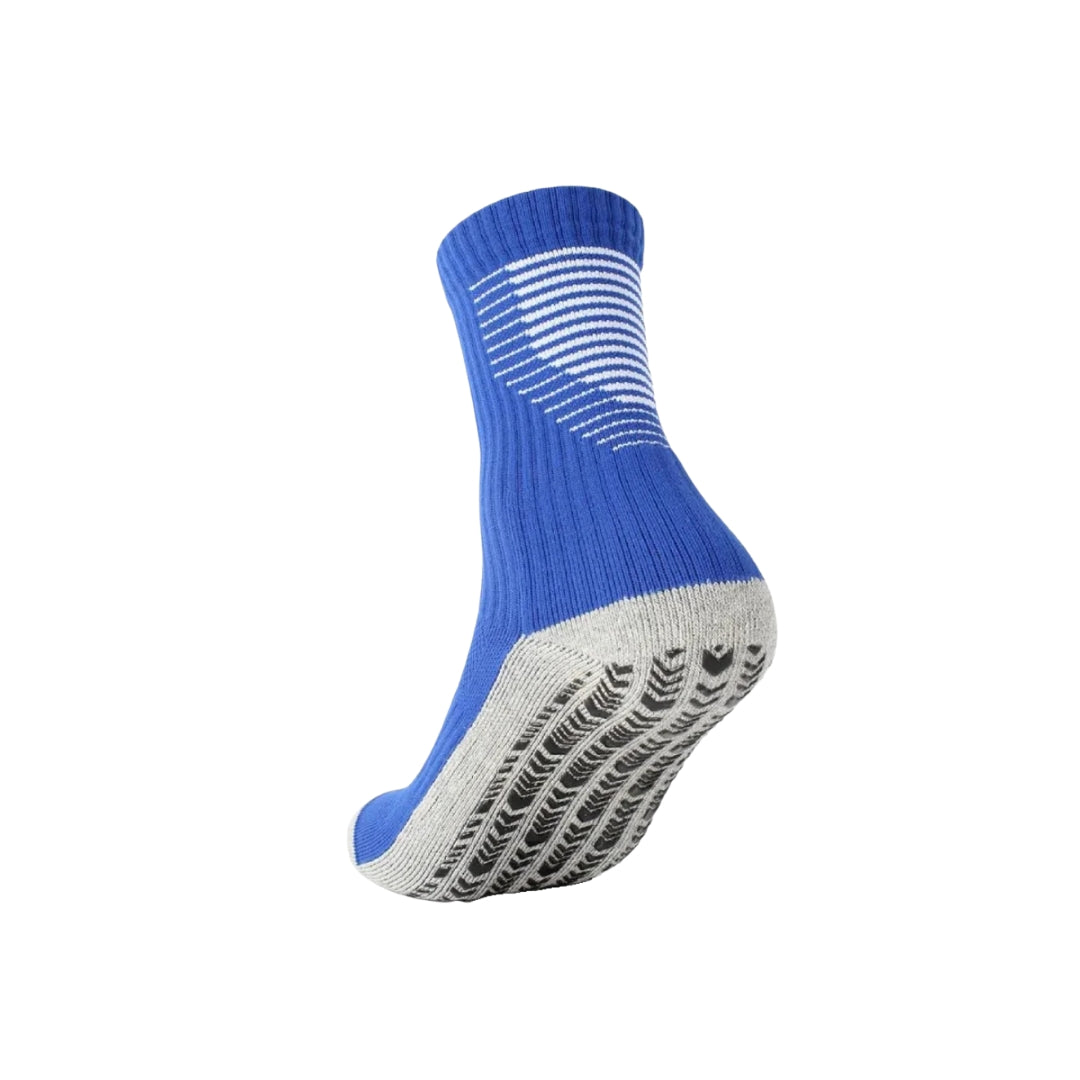Blue sock with white stripes and gray sole on a white background
