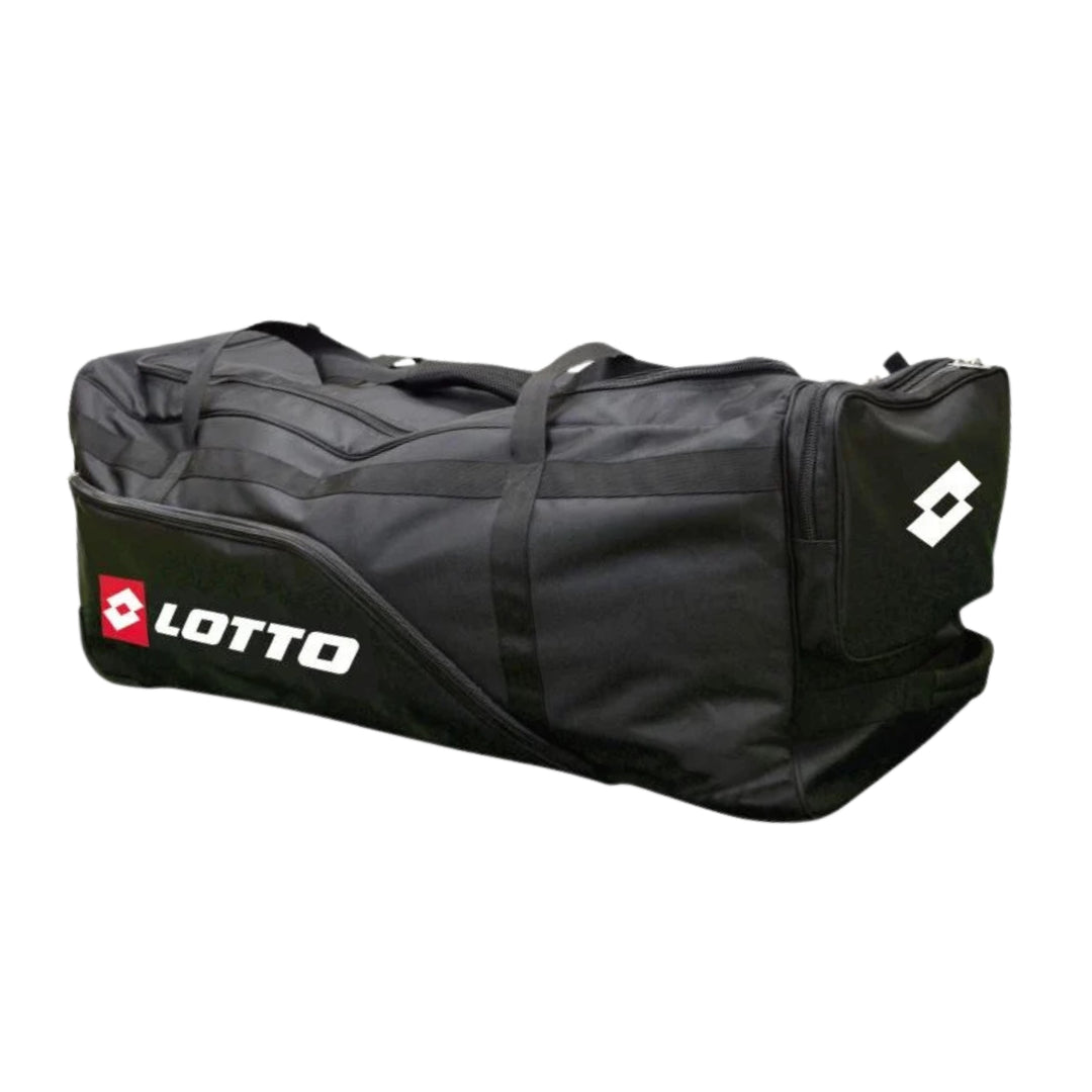 A black Lotto sports duffel bag with white and red branding, shown on a plain white background.