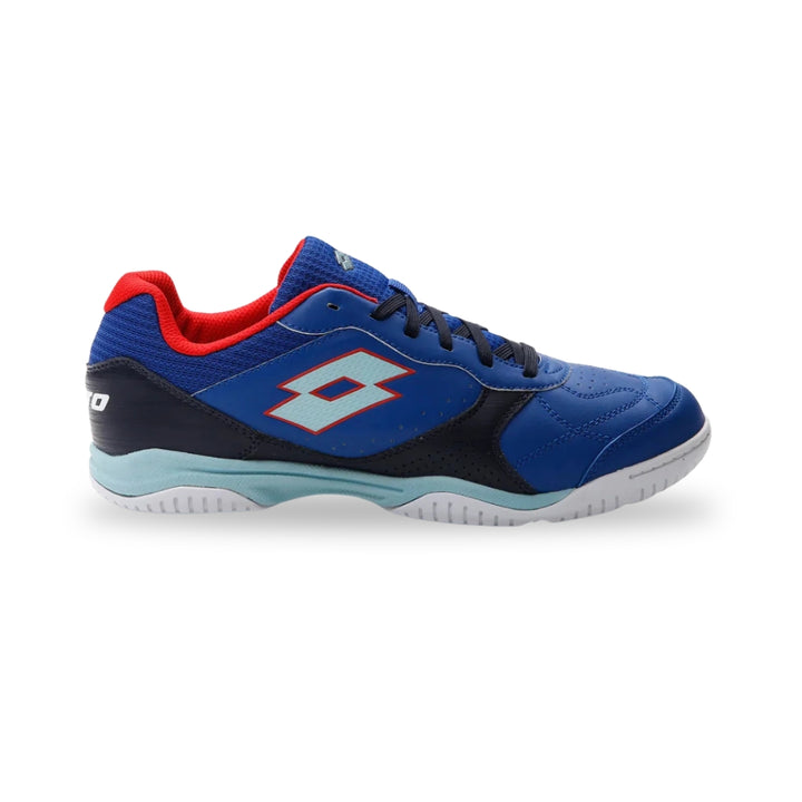 Blue and red athletic shoe with a brand logo on a white background