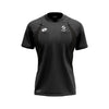 A black short-sleeve athletic jersey with a crew neck, featuring a white Lotto diamond logo on the right chest and a white sponsor logo on the left chest, displayed on a clean white background.