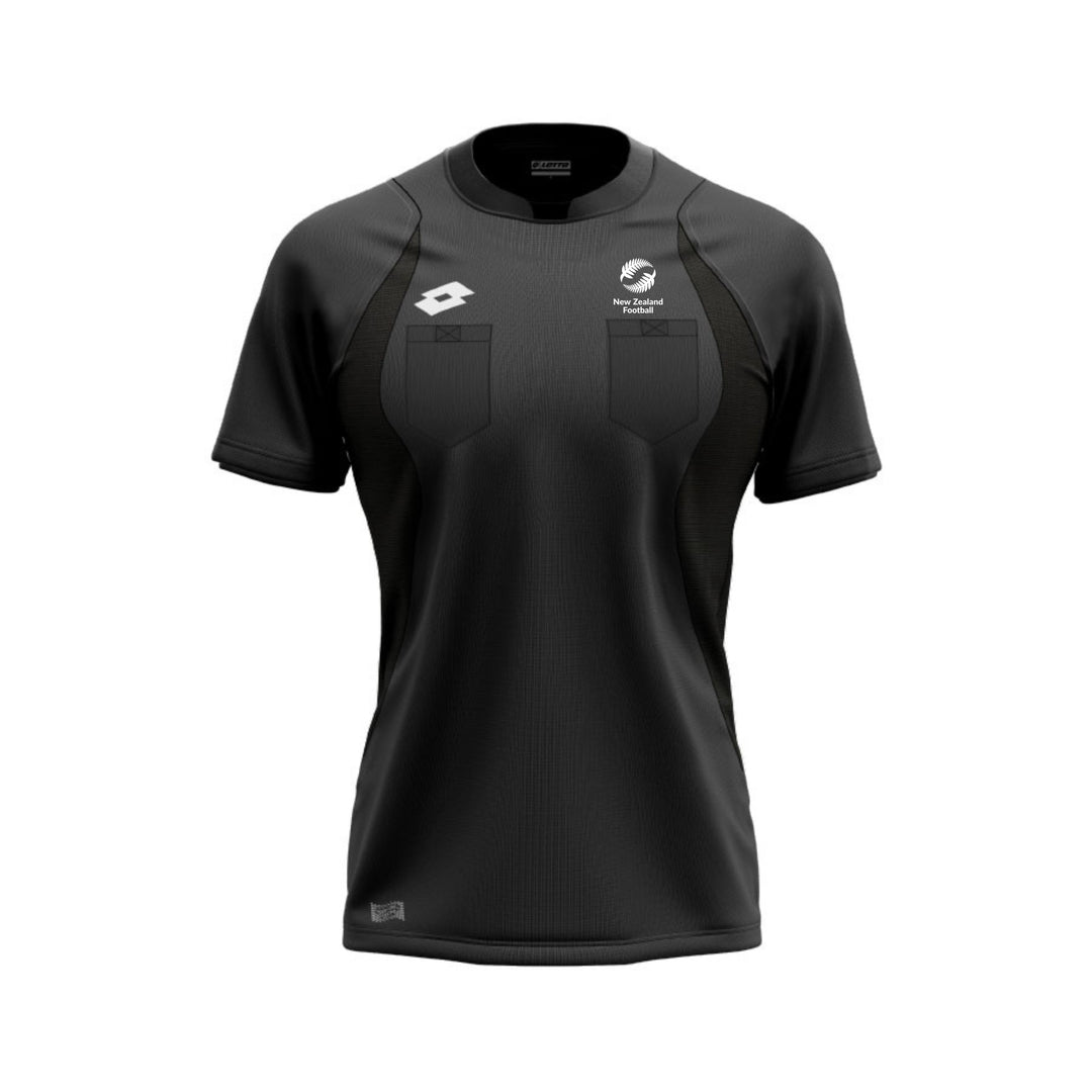 A black short-sleeve athletic jersey with a crew neck, featuring a white Lotto diamond logo on the right chest and a white sponsor logo on the left chest, displayed on a clean white background.