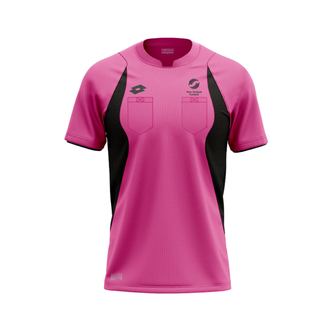 A pink short-sleeve athletic jersey with black side panels, featuring a Lotto logo on the right chest and a team crest on the left chest, displayed on a clean white background.
