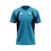 A short-sleeve athletic referee shirt in bright blue with black side panels and white printed logos, shown on a plain white background.