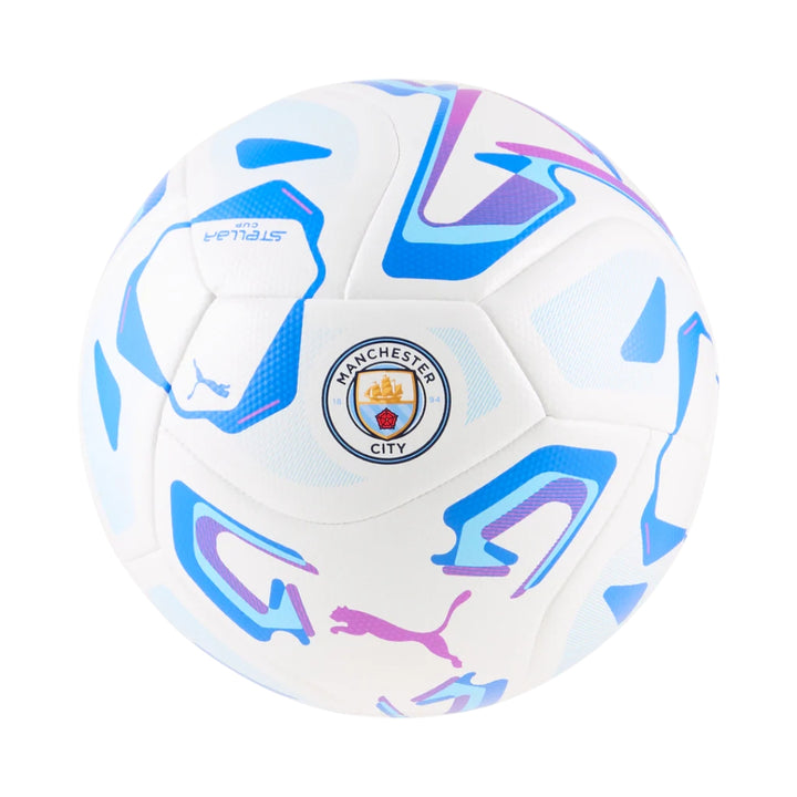 Soccer ball with Manchester City logo on a white background