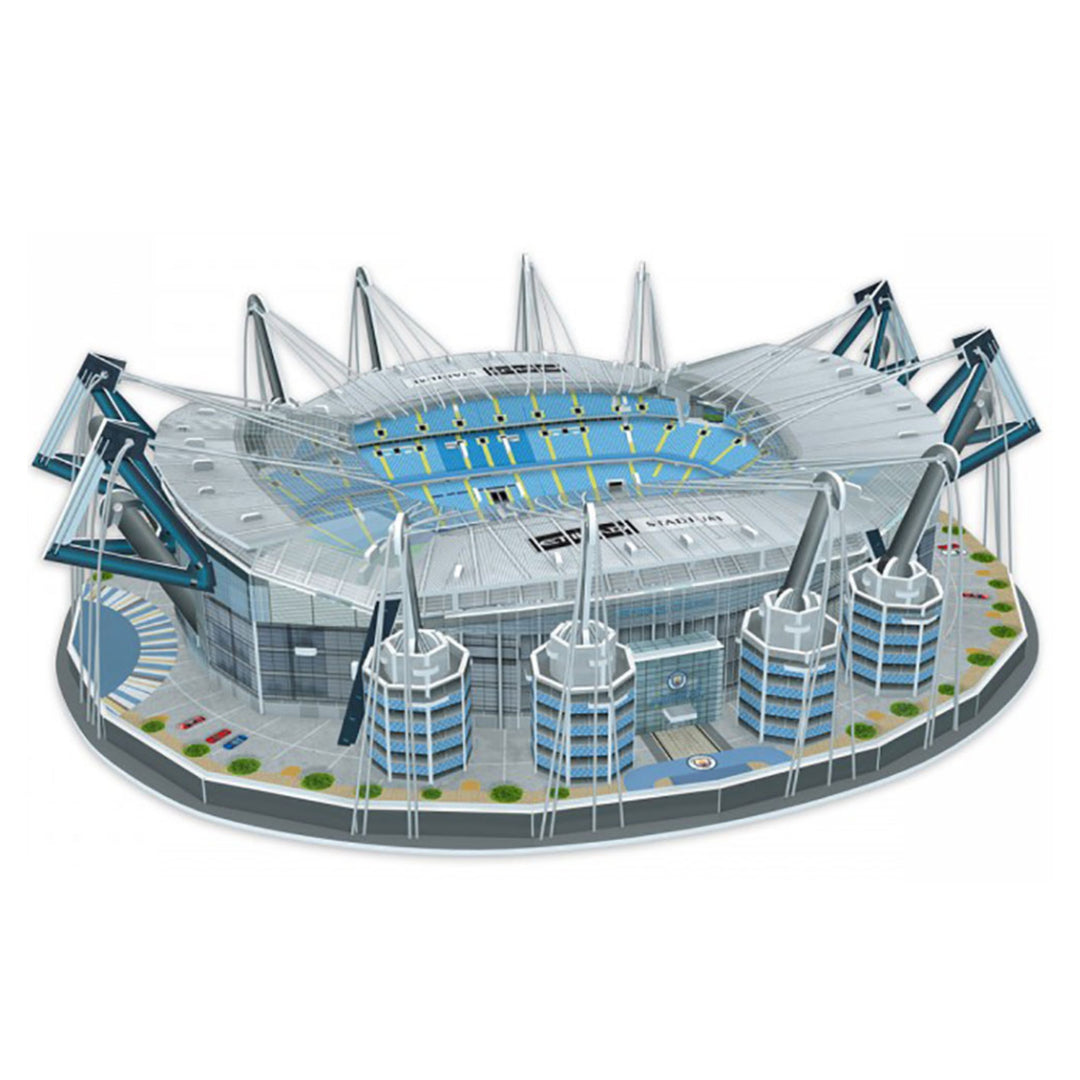 A 3D puzzle model of the London Stadium, showcasing its detailed architecture, blue and white seating, and surrounding structures on a plain white background.