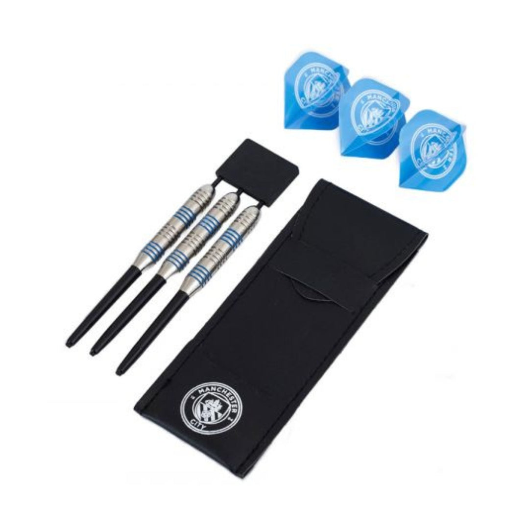 Set of darts with a black case and blue flight covers on a white background