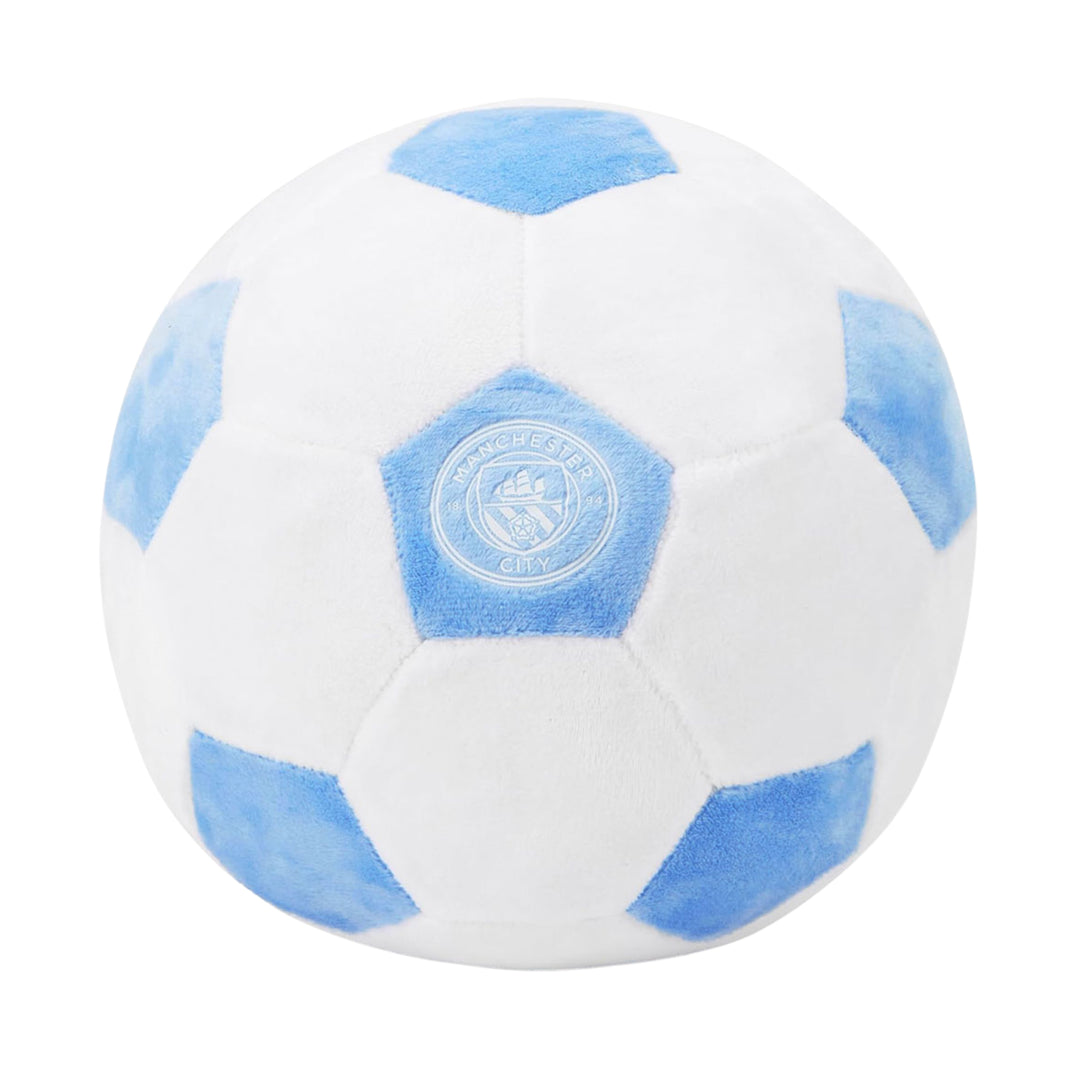 A plush soccer ball with a white and light blue color scheme, featuring the Manchester City crest in the center, isolated on a white background.