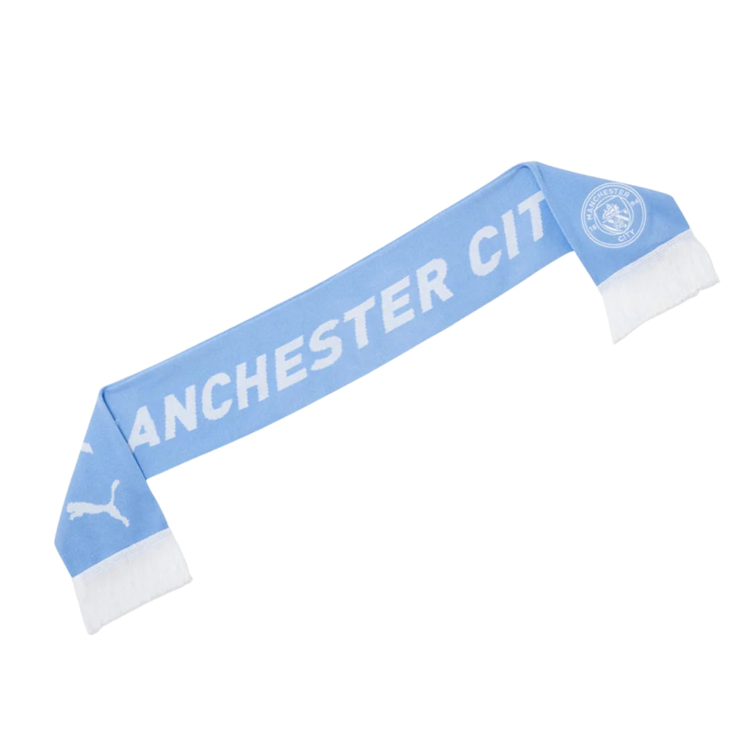 Light blue scarf with 'Manchester City' text and logo on a white background