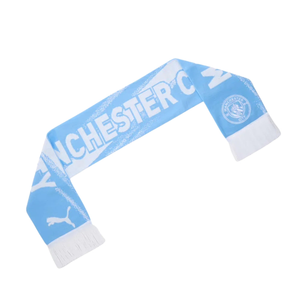 Light blue scarf with white text and Puma logo on a white background