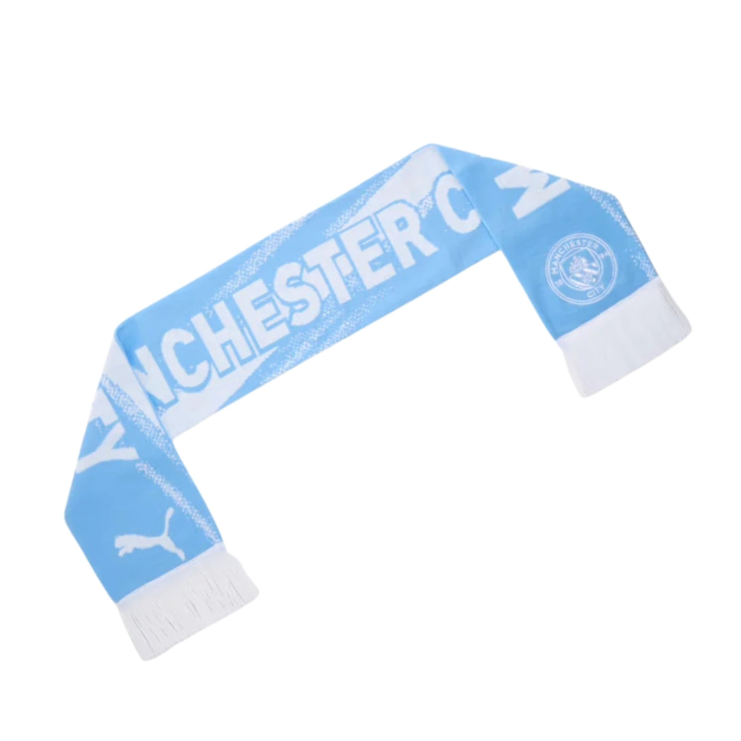 Light blue scarf with white text and Puma logo on a white background