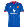 A blue short-sleeve soccer jersey with red and white trim on the collar and cuffs, featuring the Adidas logo on the right chest, the Manchester United crest on the left chest, and the Snapdragon sponsor logo across the center.