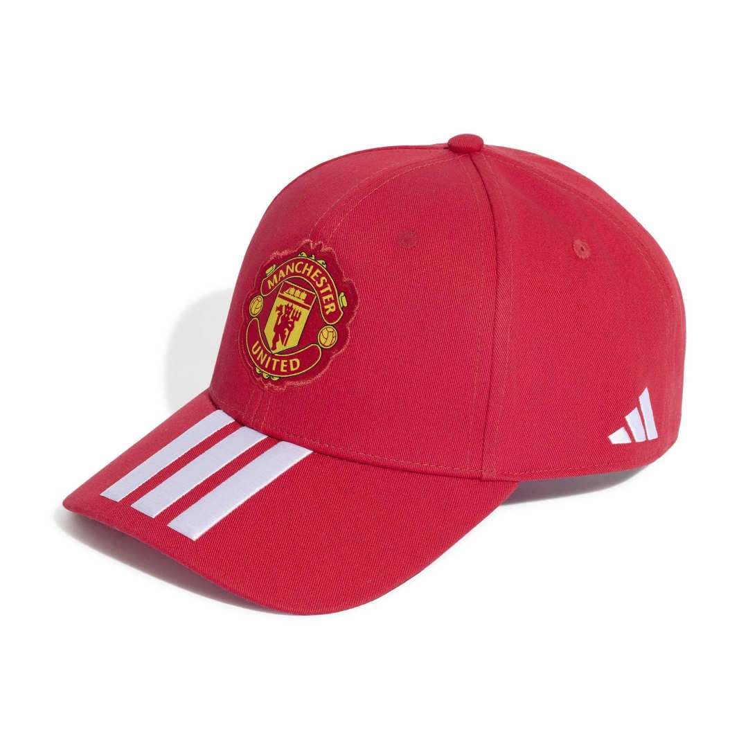 Red cap with Manchester United logo and Adidas stripes on a white background
