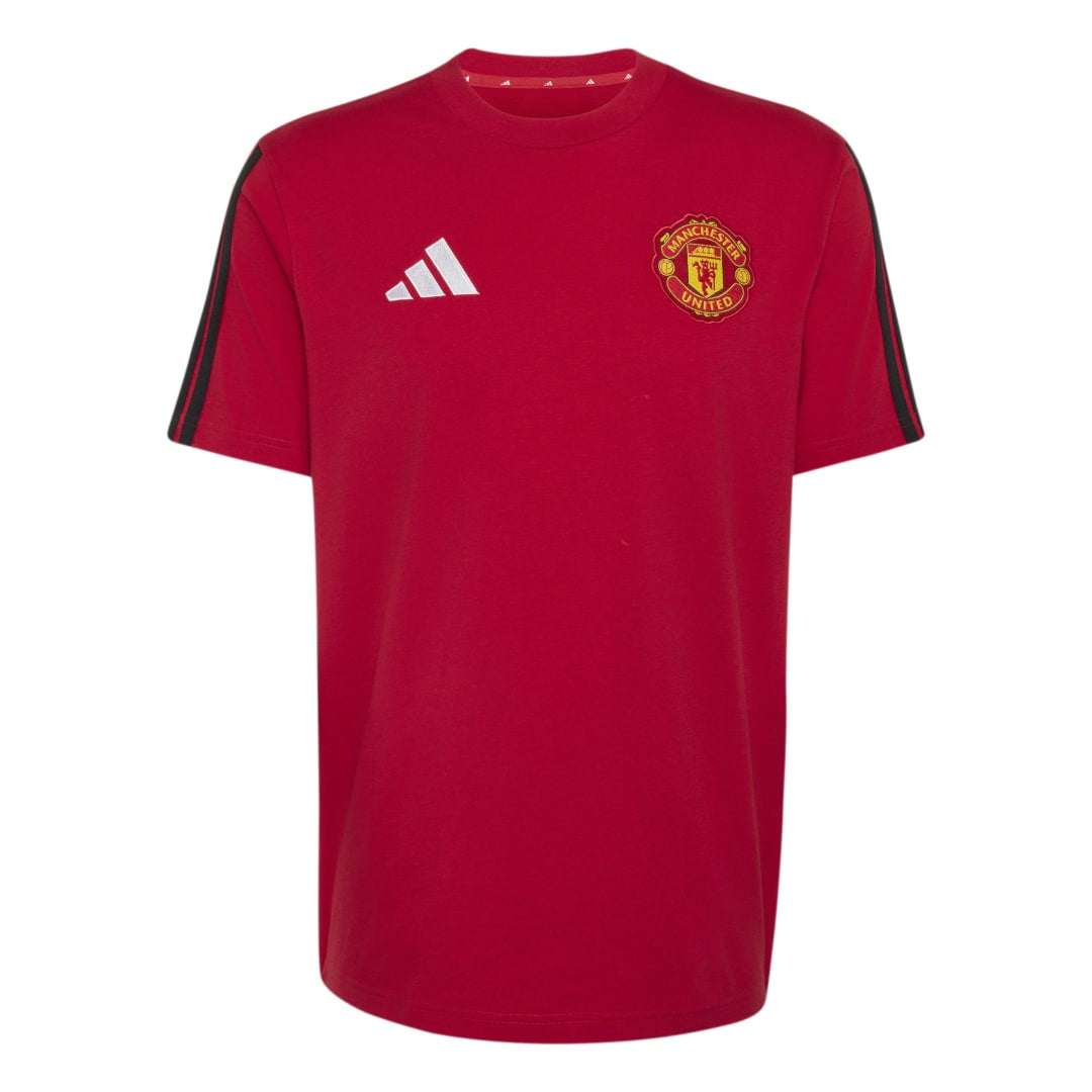 Red t-shirt with Adidas logo and Manchester United emblem on a white background