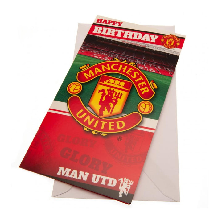 Manchester United birthday card with red and green design on a white background