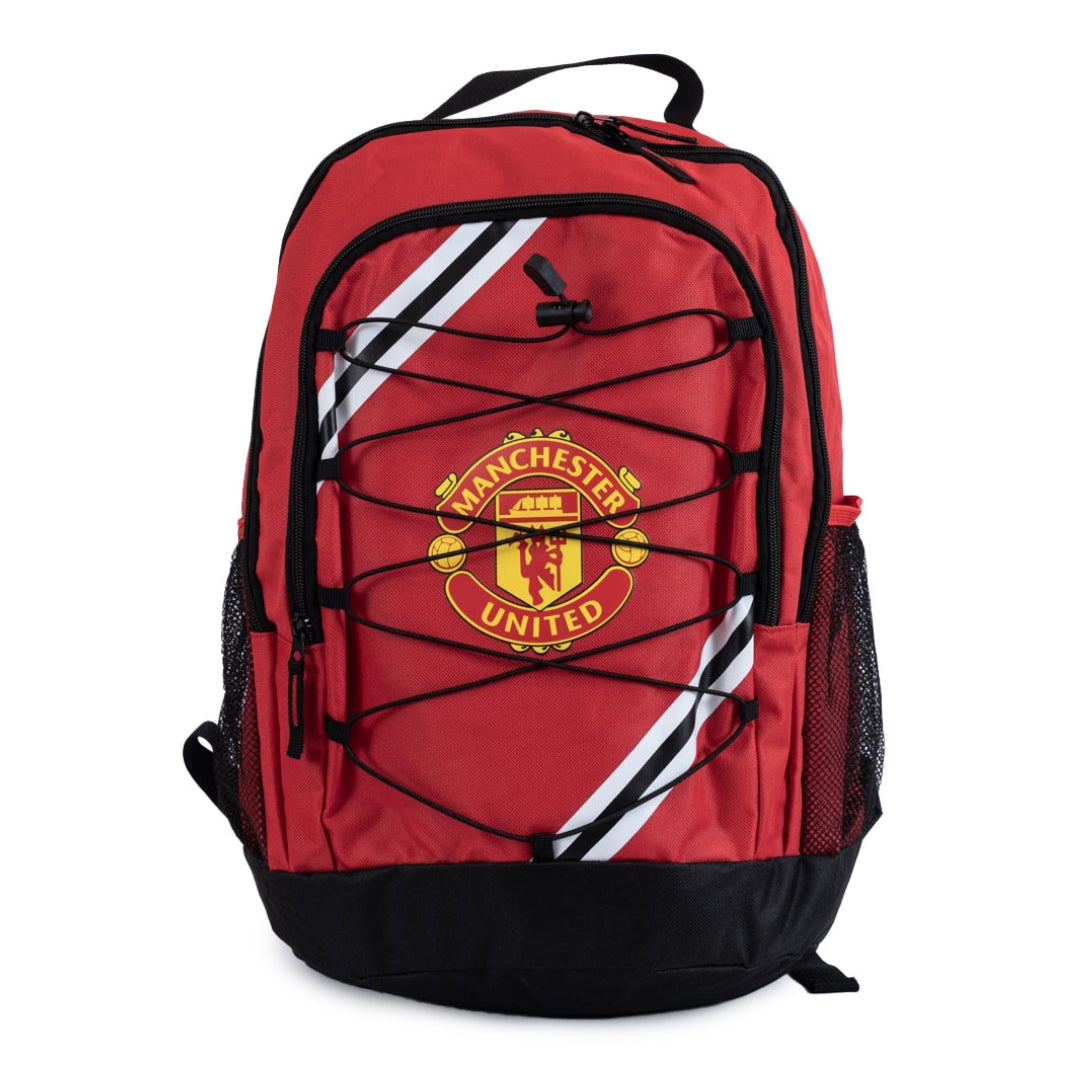 Red backpack with Manchester United logo on a white background