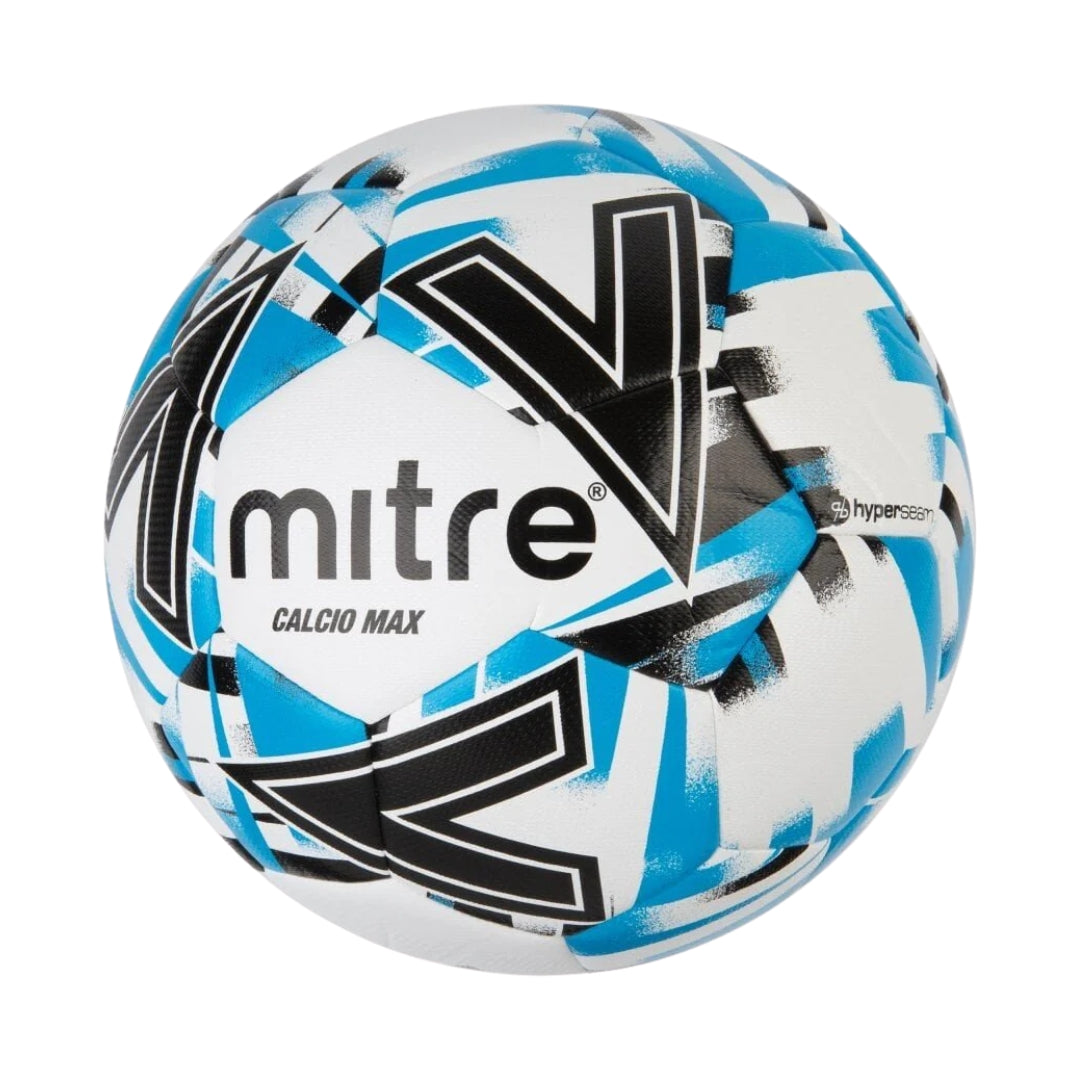 White soccer ball with blue and black patterns on a white background, featuring the Mitre brand.