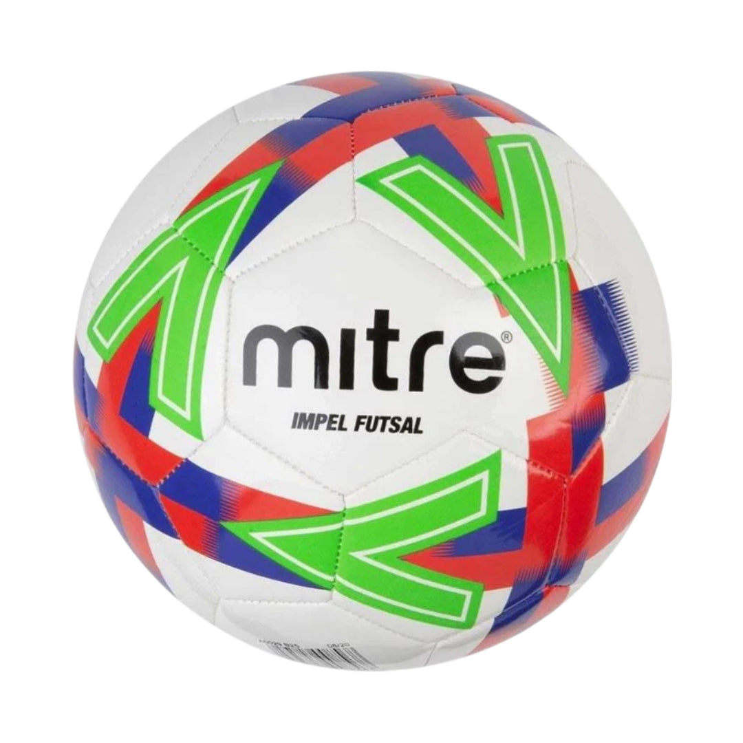 Futsal ball with red, blue, and green patterns on a white background