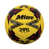 Yellow soccer ball with black and red patterns on a white background, featuring the Mitre brand.
