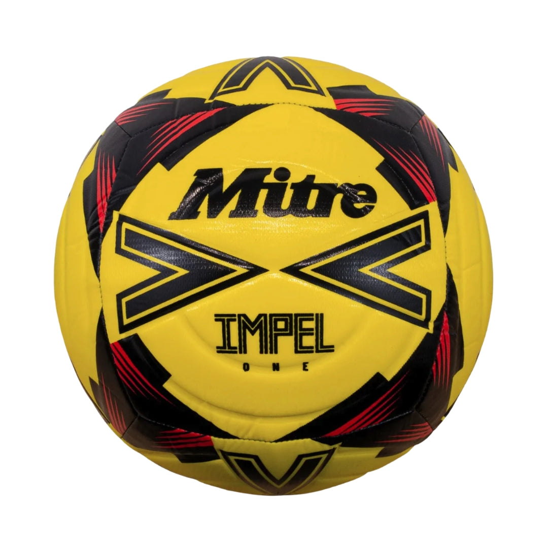 Yellow soccer ball with black and red patterns on a white background, featuring the Mitre brand.