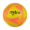Yellow and pink soccer ball with 'Mitre' branding on a white background