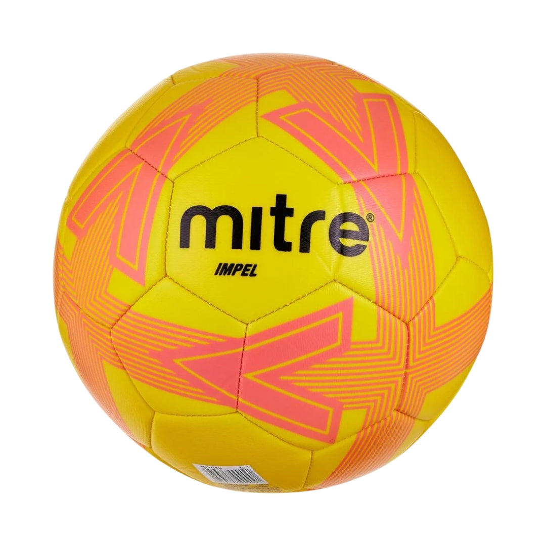 Yellow and pink soccer ball with 'Mitre' branding on a white background