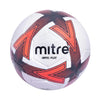 White soccer ball with red and black patterns and 'Mitre' branding on a white background