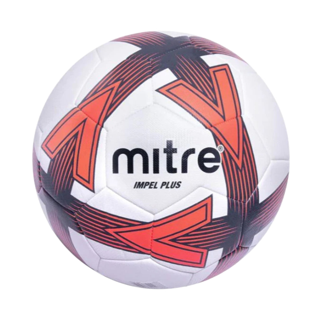 White soccer ball with red and black patterns and 'Mitre' branding on a white background