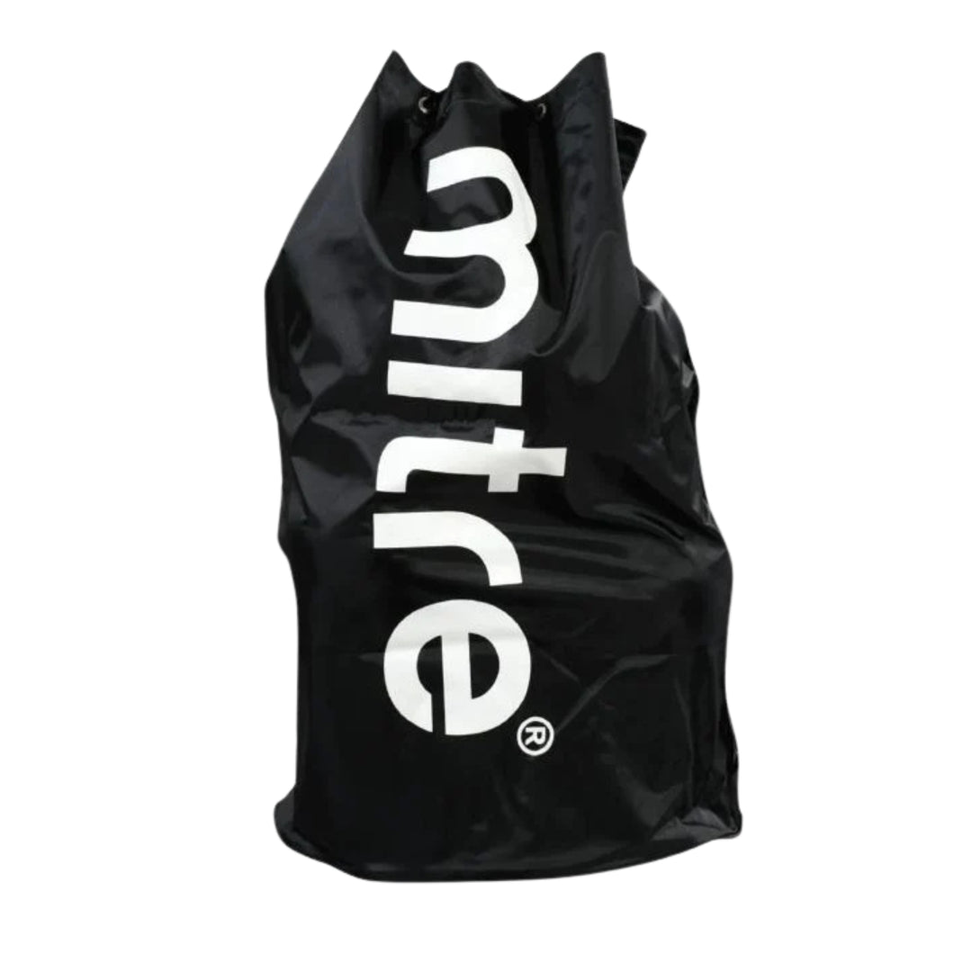 A black drawstring bag with the brand name 'mitre' printed vertically in large white letters, shown against a plain white background.