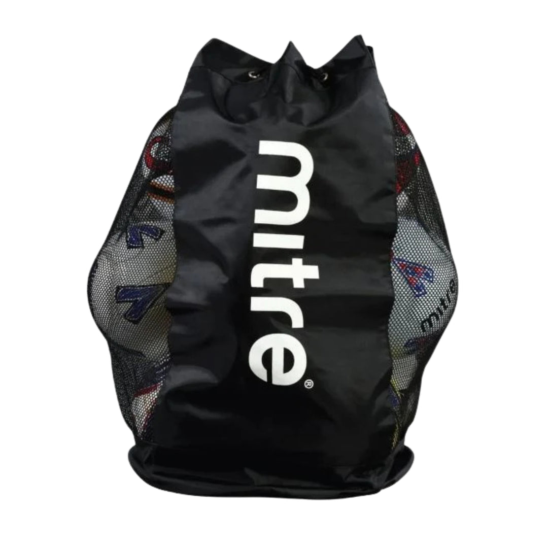 A black drawstring bag with mesh sides, featuring the brand name 'mitre' printed vertically in white on the front. The bag is shown against a plain white background.