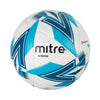 White and blue soccer ball with 'mitre' branding on a white background