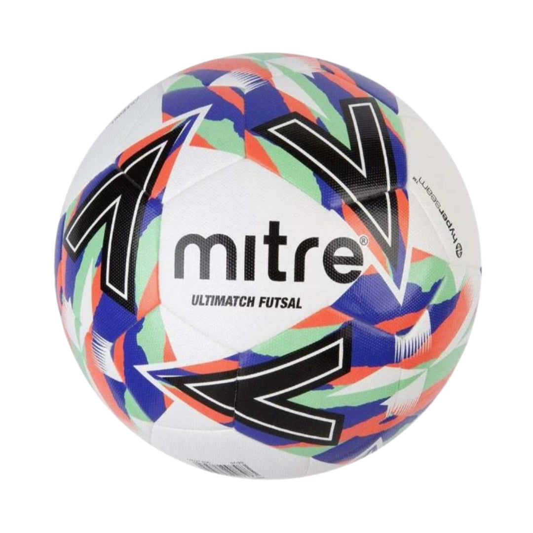 Multicolored futsal ball with 'Mitre' branding on a white background