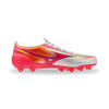 A single Mizuno running shoe in a vibrant metallic orange, pink, and silver colorway, shown from a side profile on a white background.