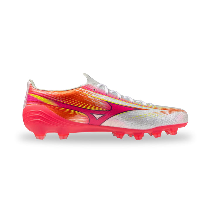 A single Mizuno running shoe in a vibrant metallic orange, pink, and silver colorway, shown from a side profile on a white background.
