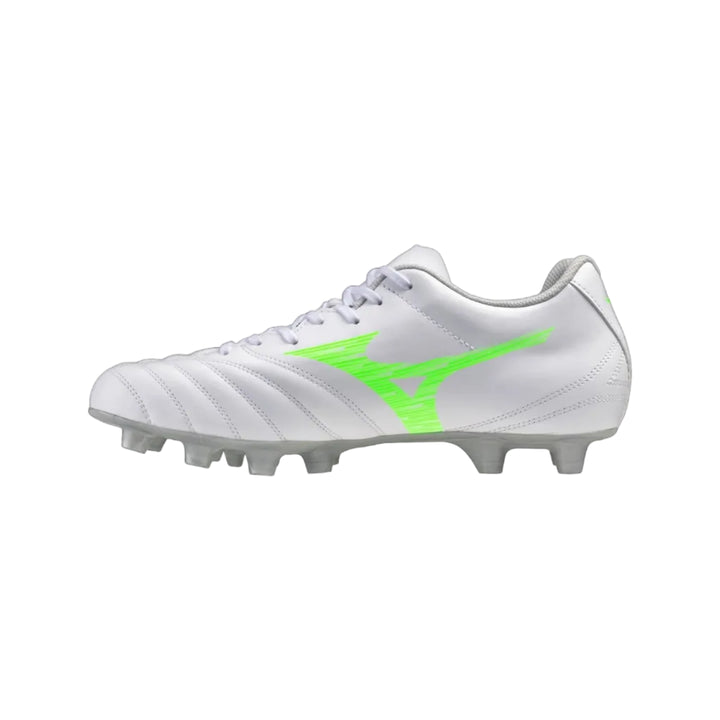 A white Mizuno Monarcida Neo III Select FG football boot with green accents and black details.