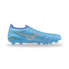 A light blue Mizuno soccer cleat with a silver logo and a small gold accent on the heel, shown in profile against a white background.
